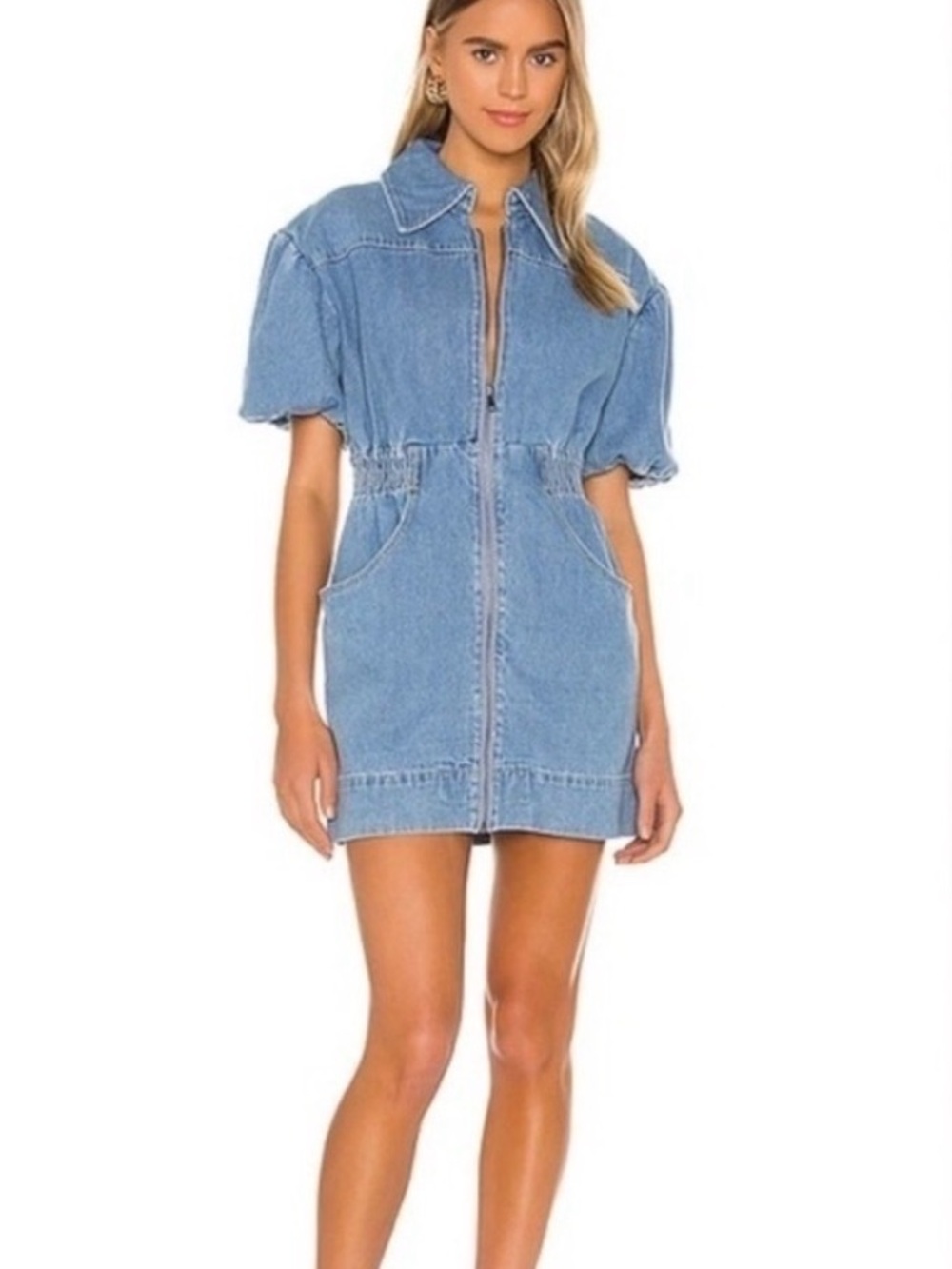 C/MEO Collective Puff Sleeve Denim Zip Mini Dress Blue Size M